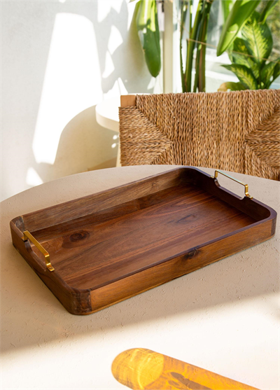 The Mia Natura Metal Kollu Akasya Tepsi 45x30 cm