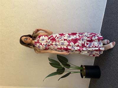 Boyun Bağlama Detay Desemli Elbise Pembe - 1043