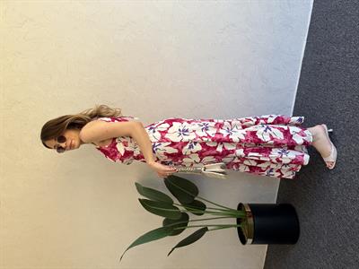 Boyun Bağlama Detay Desemli Elbise Pembe - 1043