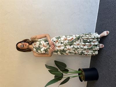 Boyun Bağlama Detay Desenl Elbise Yeşil - 1043