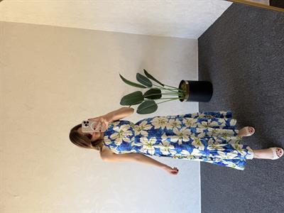 Boyun Bağlama Detay Desenli Elbise Mavi - 1043