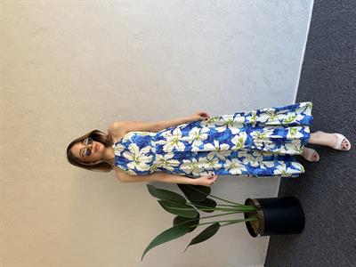 Boyun Bağlama Detay Desenli Elbise Mavi - 1043