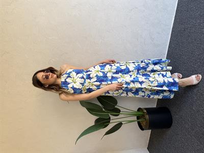 Boyun Bağlama Detay Desenli Elbise Mavi - 1043