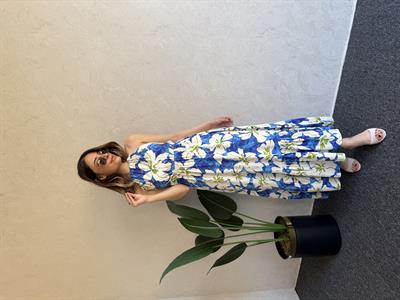 Boyun Bağlama Detay Desenli Elbise Mavi - 1043