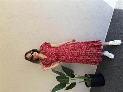 Desenli Midi Elbise Kırmızı - 1038