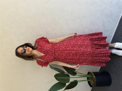 Desenli Midi Elbise Kırmızı - 1038