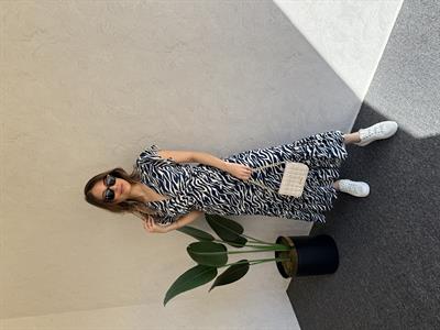 Desenli Midi Elbise Mavi-Beyaz - 1038