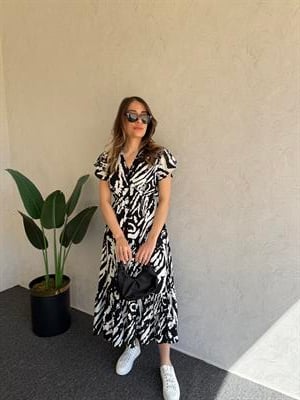 Desenli Midi Elbise Siyah Beyaz - 1038