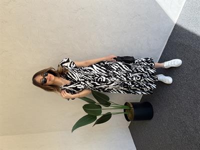 Desenli Midi Elbise Siyah Beyaz - 1038