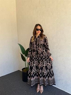 Desenli Uzun Elbise Siyah - 1039