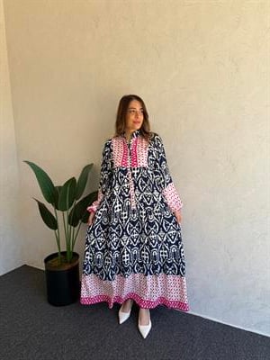 Desenli Uzun Kol Elbise Laci-Pembe - 1039