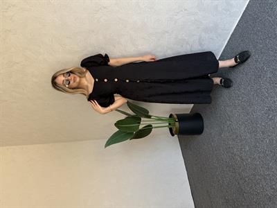 Düğmeli Kısa Kol Brode Elbise Siyah - 1050