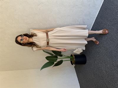 Gold Kemerli Elbise Bej - 1047