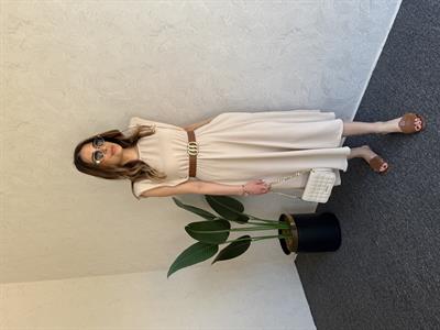 Gold Kemerli Elbise Bej - 1047