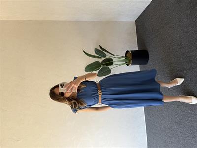 Gold Kemerli Elbise Mavi - 1047