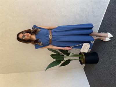 Gold Kemerli Elbise Mavi - 1047