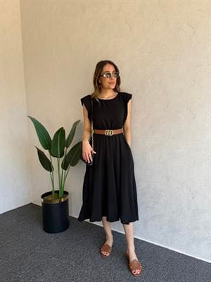 Gold Kemerli Elbise Siyah - 1047