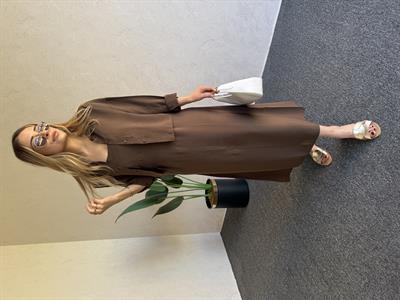 Gömlekli İp Askı Tensel Elbise Kahverengi - 1054