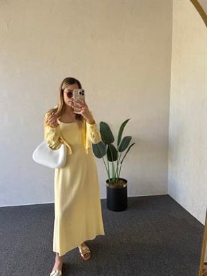 Gömlekli İp Askı Tensel Elbise Sarı -1054