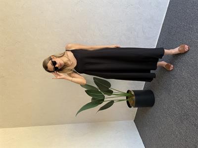 İp Askı Çilek Keten Elbise Siyah - 1049