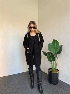 Kapüşonlu Buklet Ceket Siyah - 1078