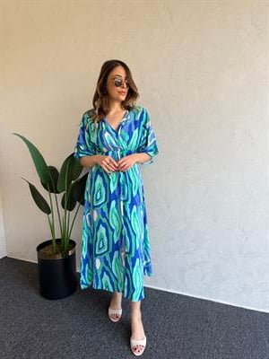 Kruvaze Yırtmaçlı Elbise Aqua - 1042