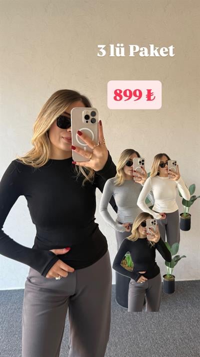 Parmak Geçme Detay Modal Bluz 3 lü Paket -1073