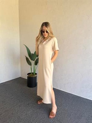 Polo Yaka Modal Elbise Bej - 1060