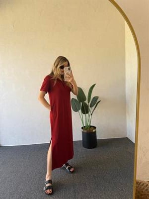 Polo Yaka Modal Elbise Bordo -1060