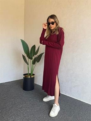 Uzun Kol Basic Elbise Bordo - 1064