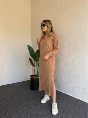 Uzun Kol Basic Elbise Camel - 1064