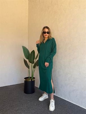 Uzun Kol Basic Elbise Yeşil - 1064