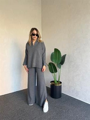 Yaka Paça Fermuar Triko Takım Antrasit - 1074