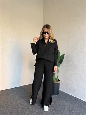 Yaka Paça Fermuar Triko Takım Siyah - 1074