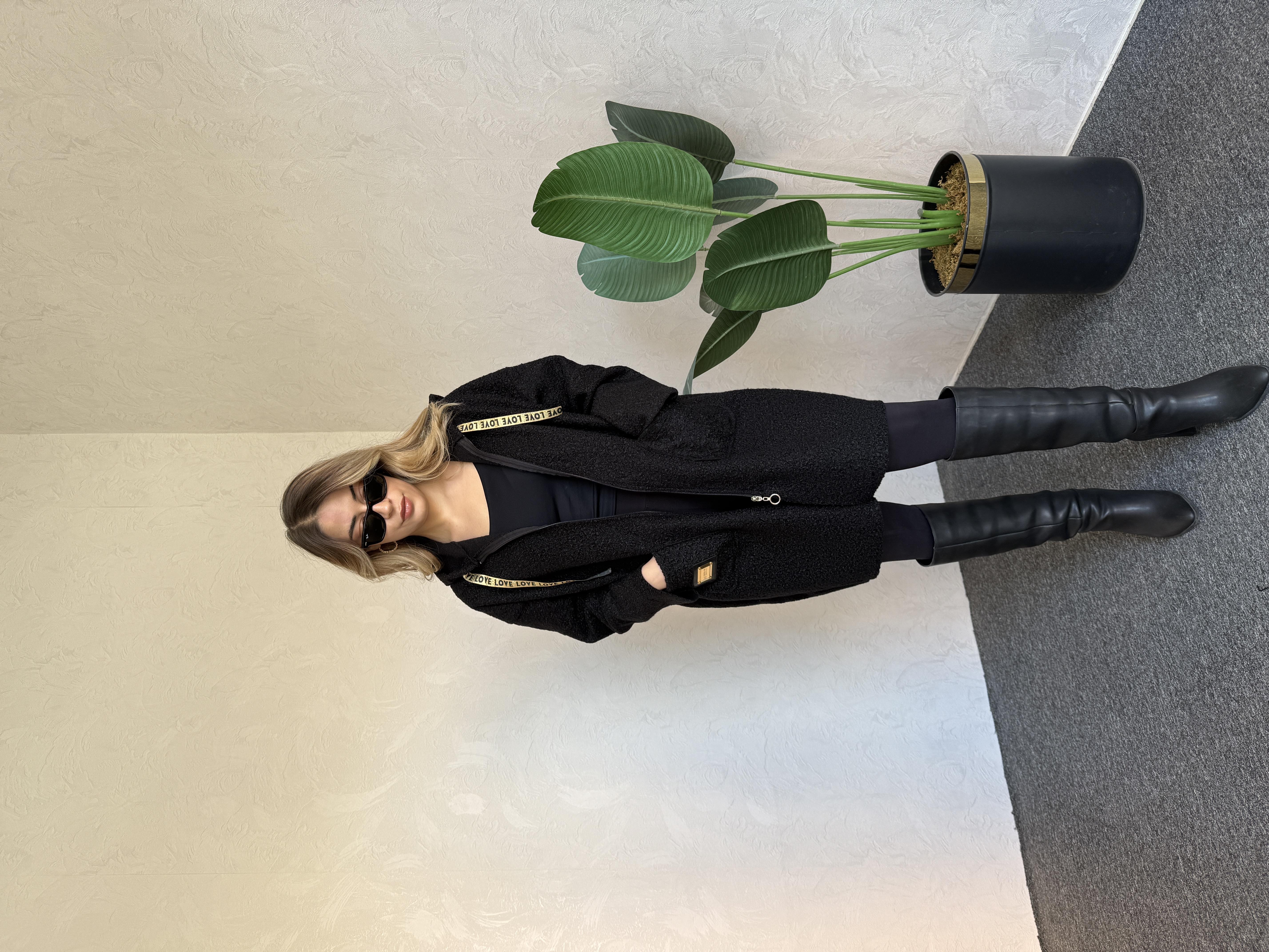 Kapüşonlu Buklet Ceket Siyah - 1078