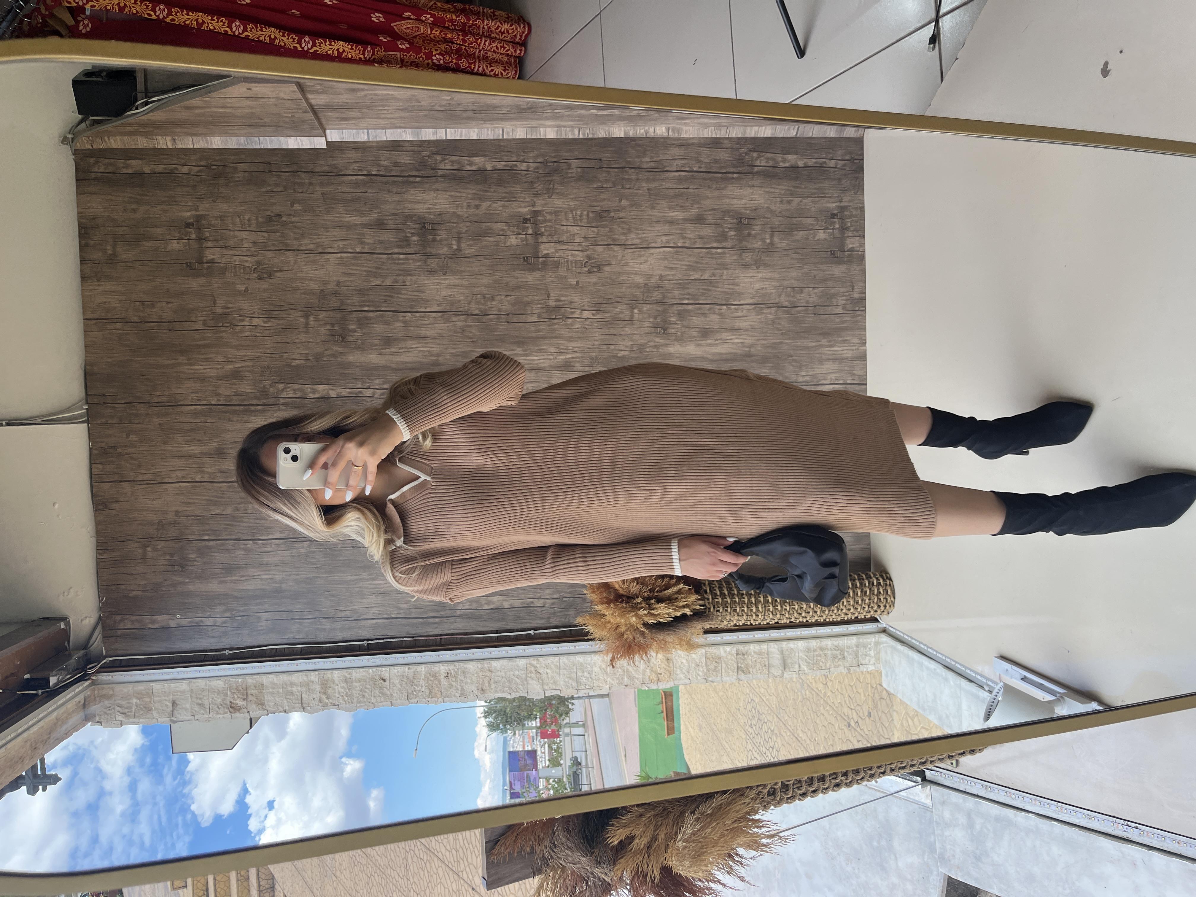 Polo Yaka Midi Triko Elbise Camel