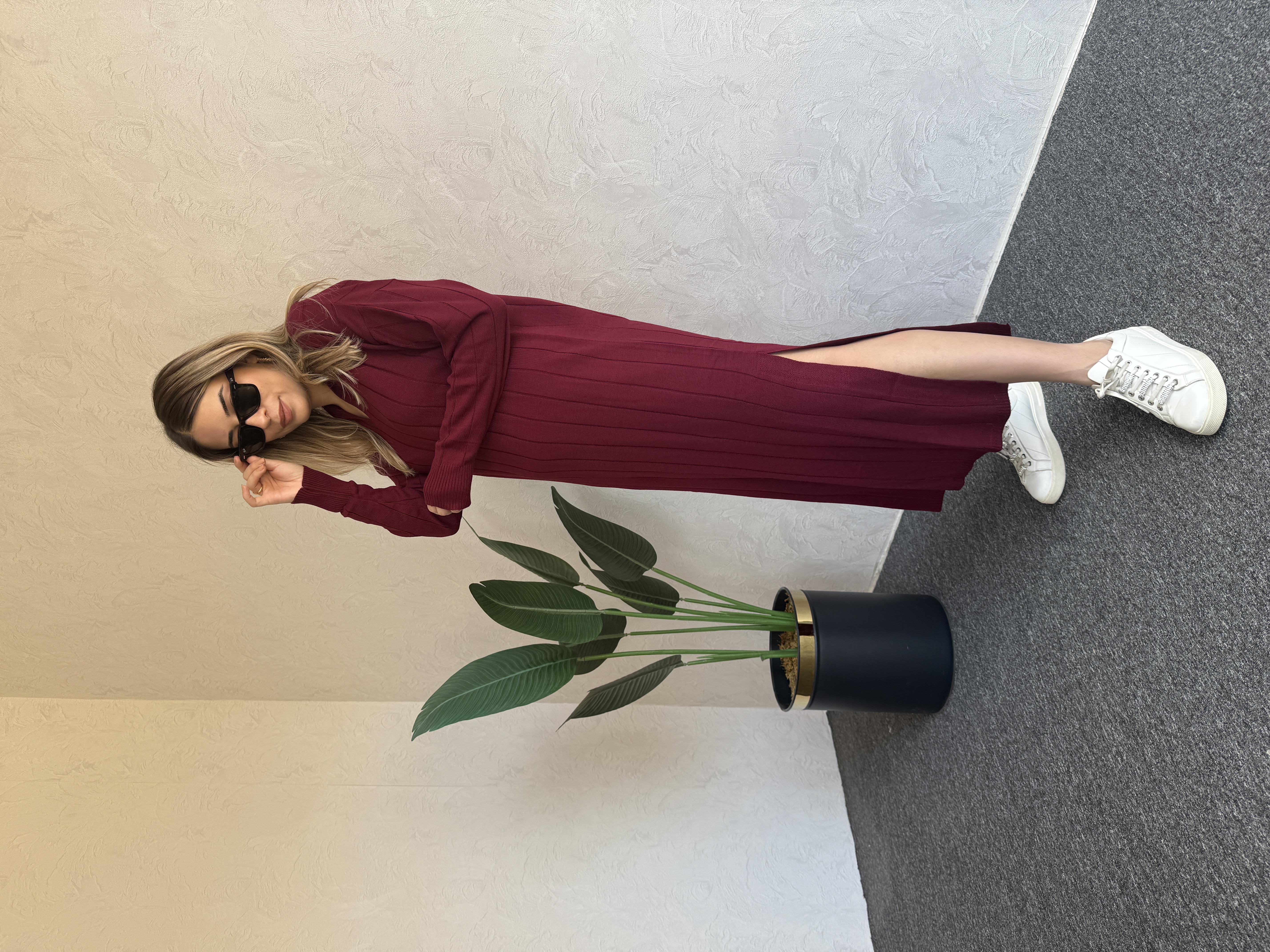 Uzun Kol Basic Elbise Bordo - 1064