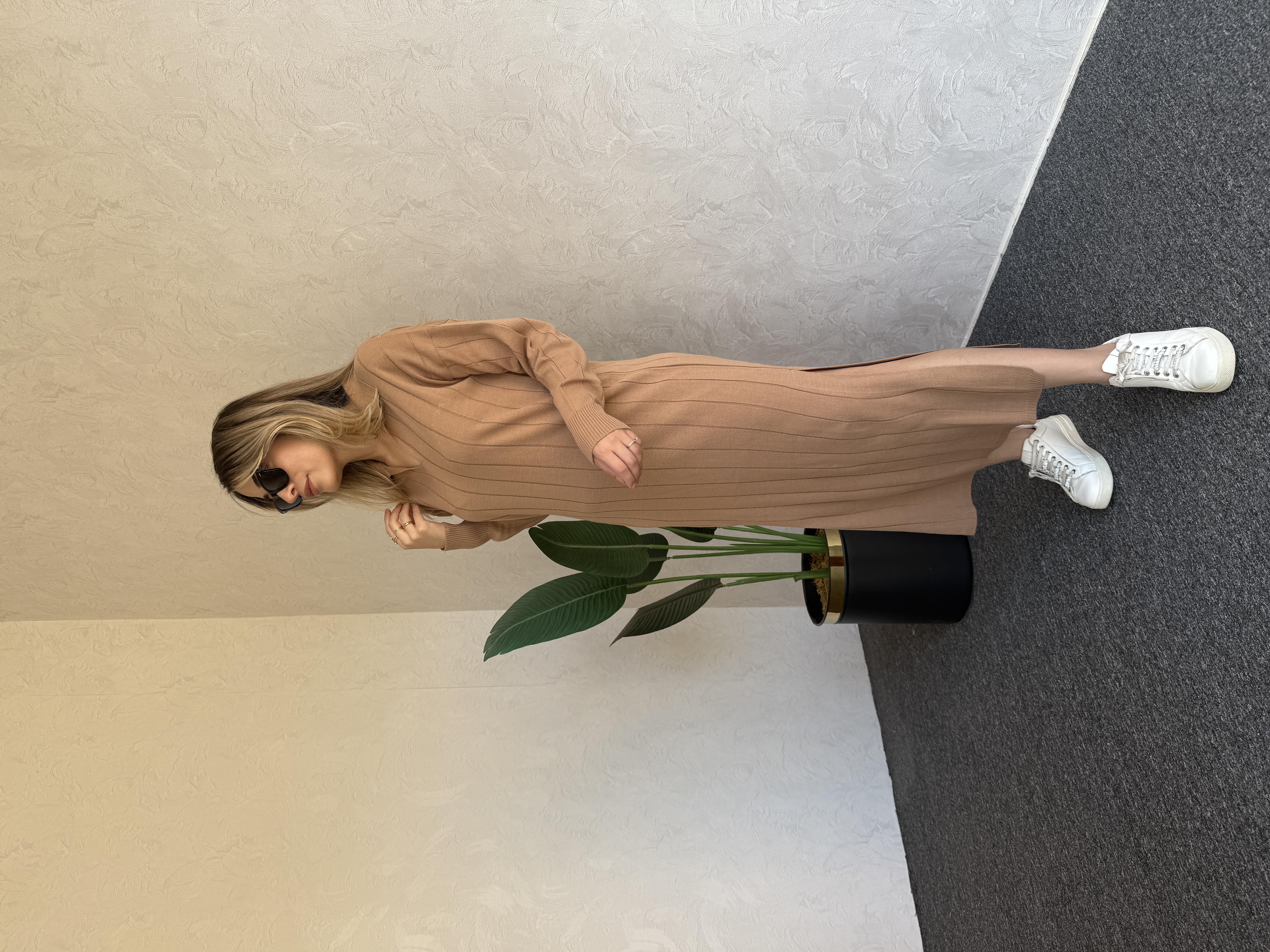 Uzun Kol Basic Elbise Camel - 1064