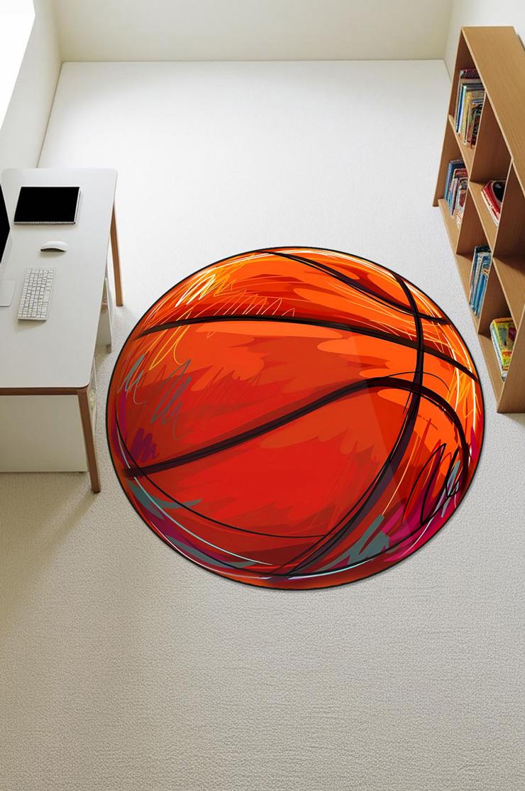 Basket Topu Desenli Yuvarlak Dijital Baskı Kaymaz Tabanlı Çocuk ve Genç Odası Halısı H0385