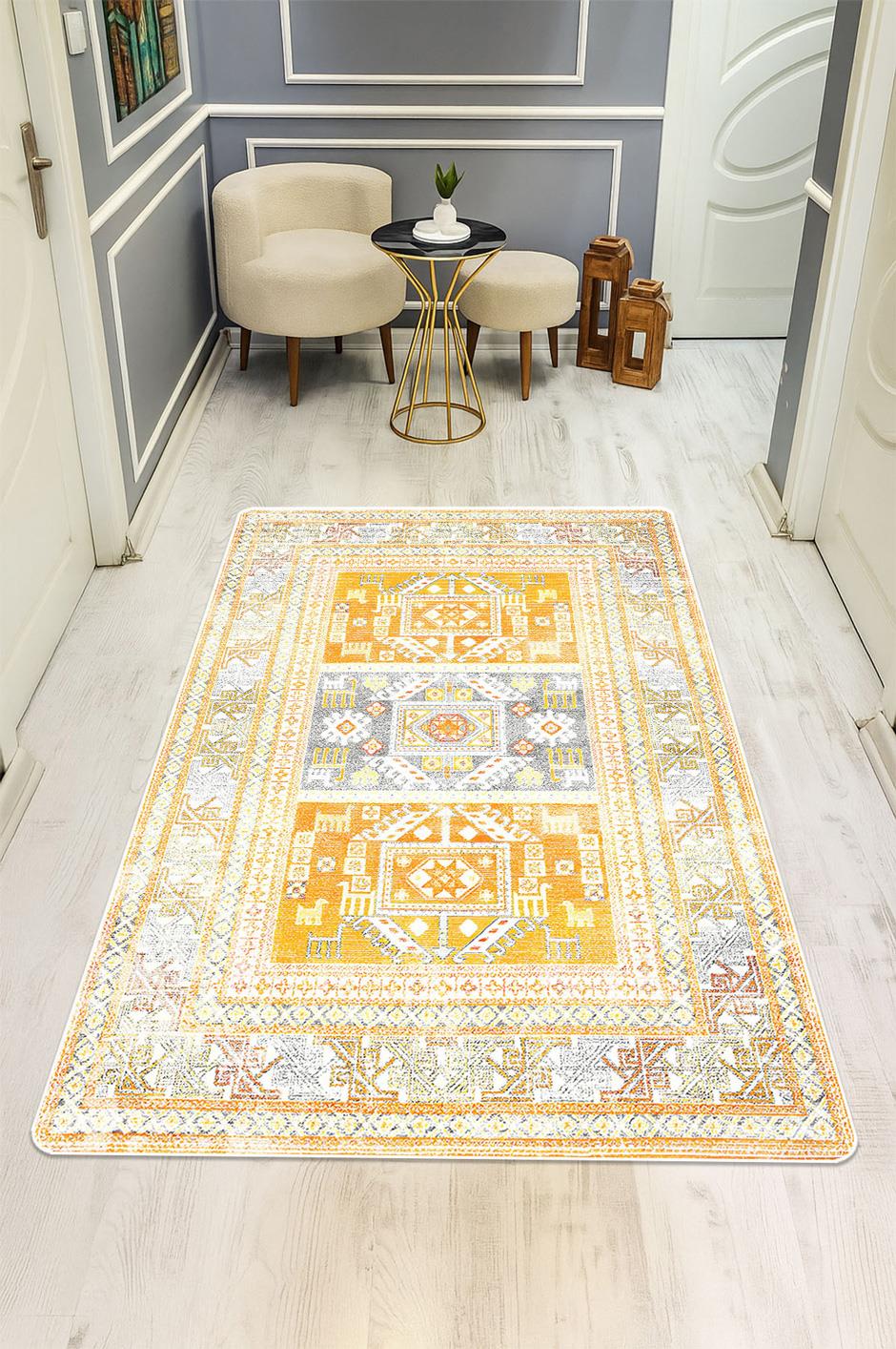 Parlak Kadife Kumaş Dijital Baskı Vintage Desenli Dot Kaymaz Tabanlı Halı H1133