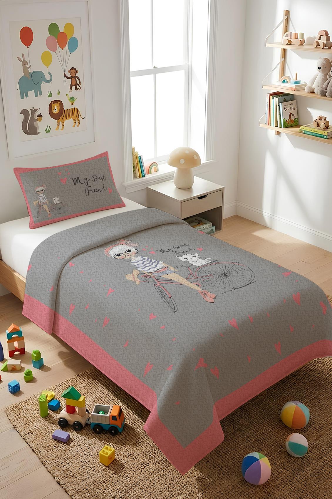 Kız Desenli Kadife Kumaş Çocuk Yatak Örtüsü Seti (2 Parça) TKY0021 