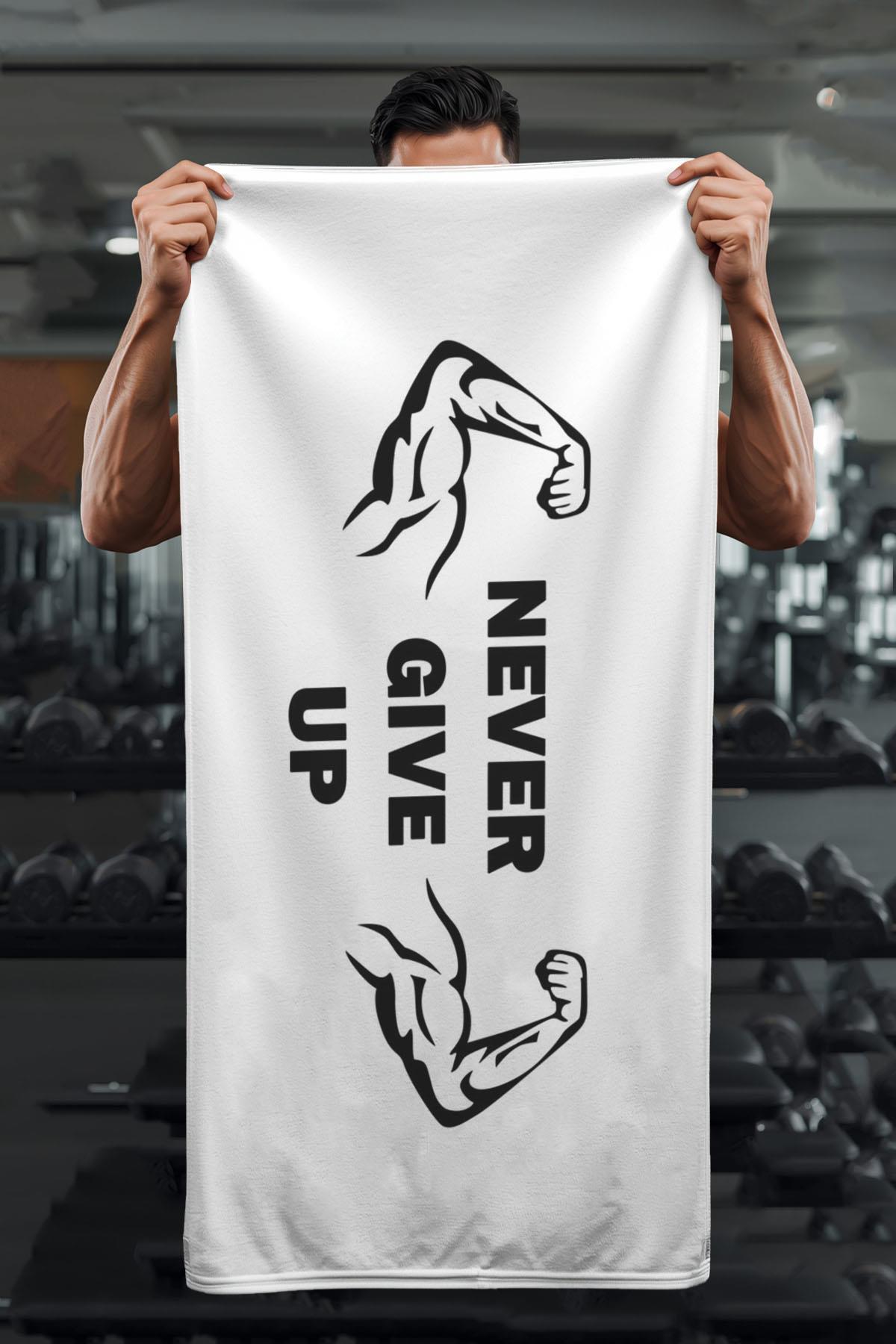 Dijital Baskı Never Give Up Desenli Spor Havlusu HVL0238