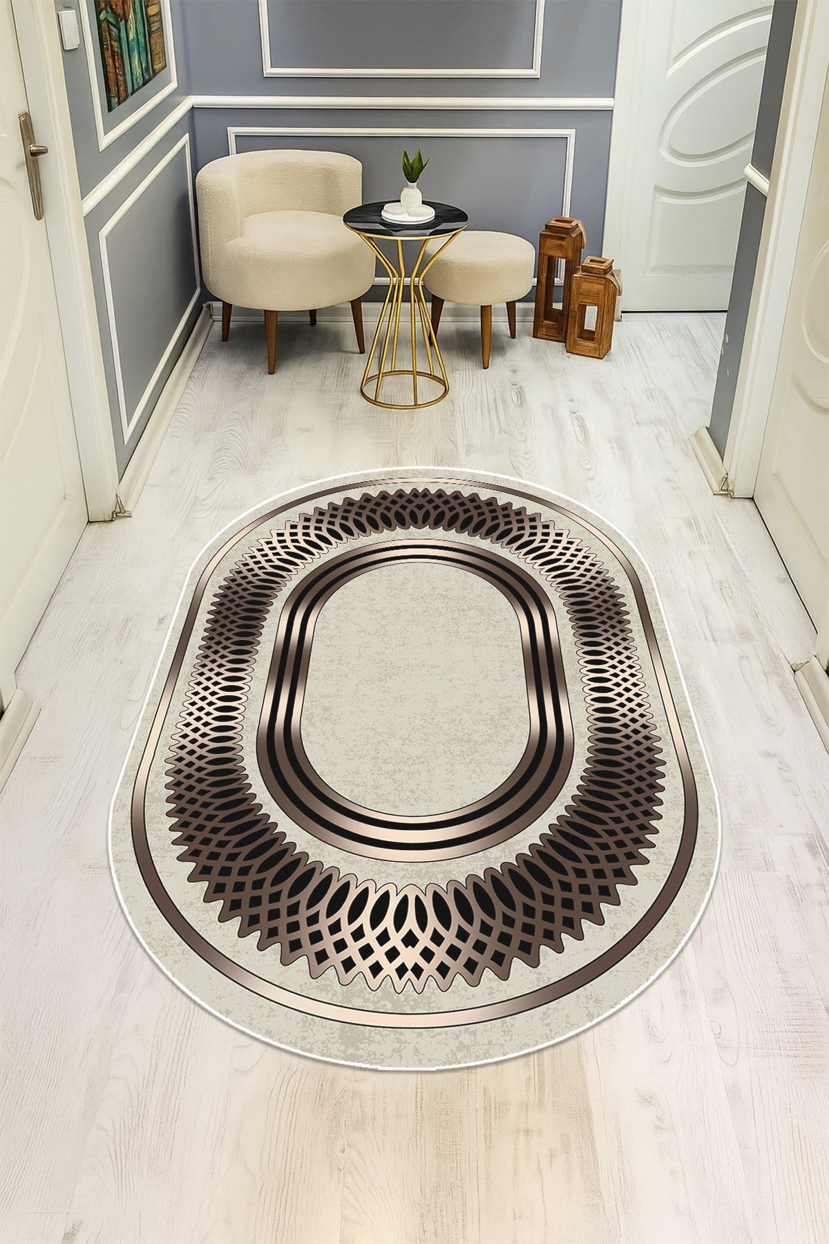 Modern Desenli Oval Dijital Baskı Kaymaz Taban Halı H0361