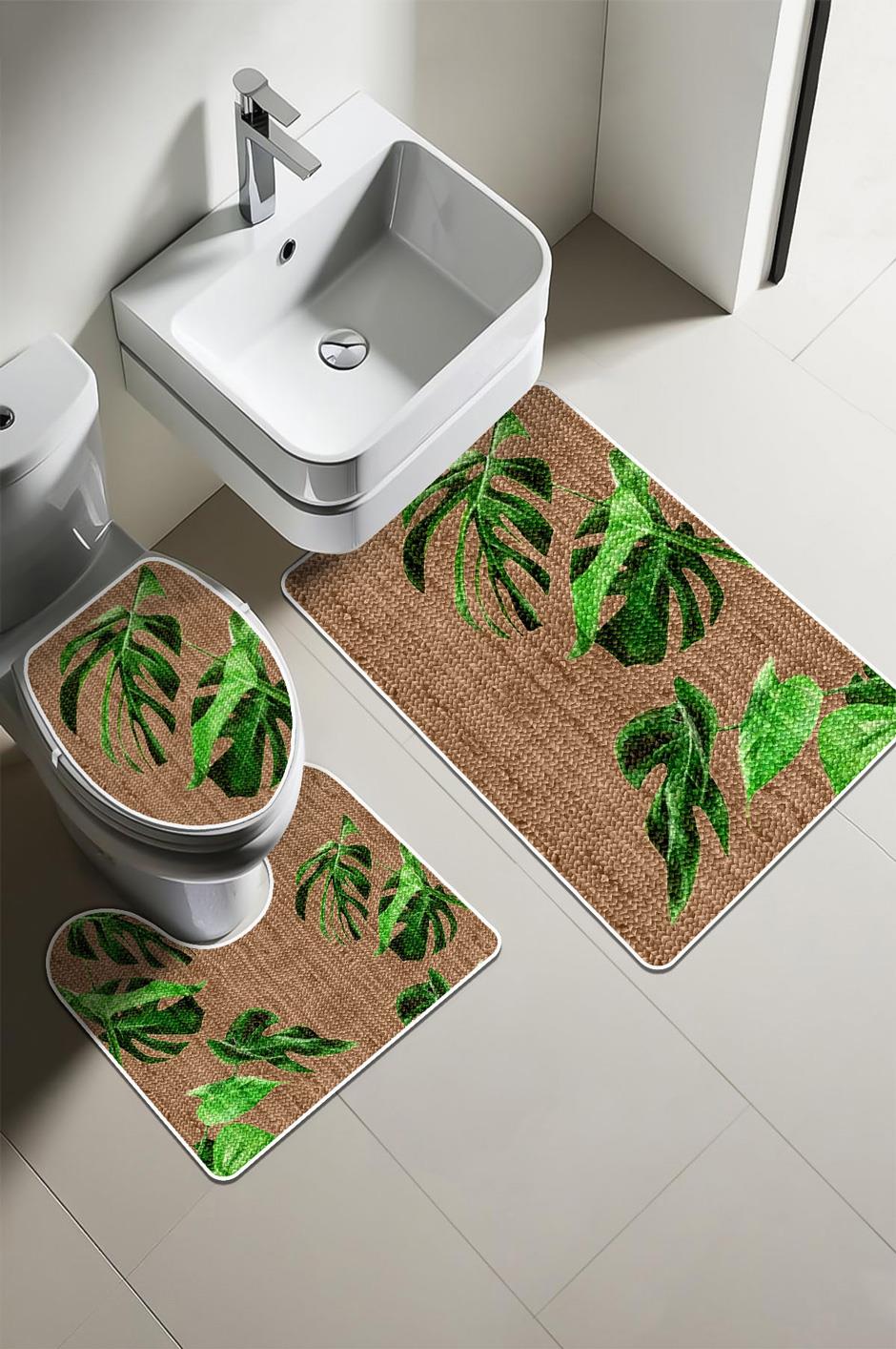 Modern Desenli Dijital Baskı 3’lü Banyo Paspas Takımı Yıkanabilir Kaymaz Tabanlı Klozet Takımı KLZ0025