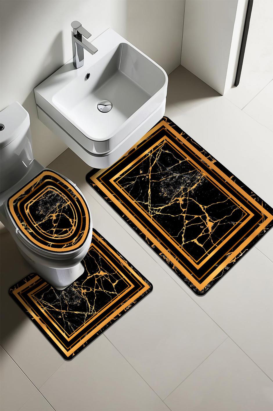 Modern Desenli Dijital Baskı 3’lü Banyo Paspas Takımı Yıkanabilir Kaymaz Tabanlı Klozet Takımı KLZ0058