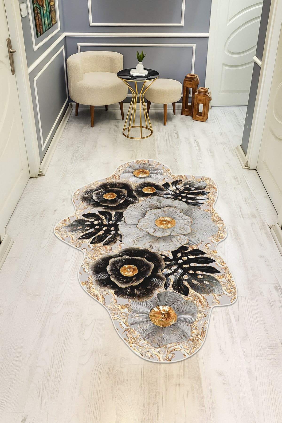 Modern Desenli Lazer Kesim Dijital Baskı Kaymaz Taban Halı H0434