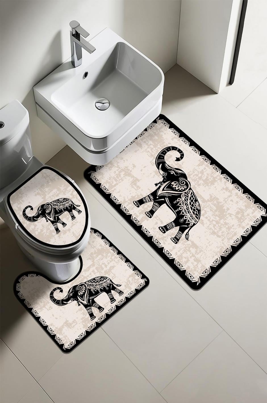 Modern Desenli Dijital Baskı 3’lü Banyo Paspas Takımı Yıkanabilir Kaymaz Tabanlı Klozet Takımı KLZ0030