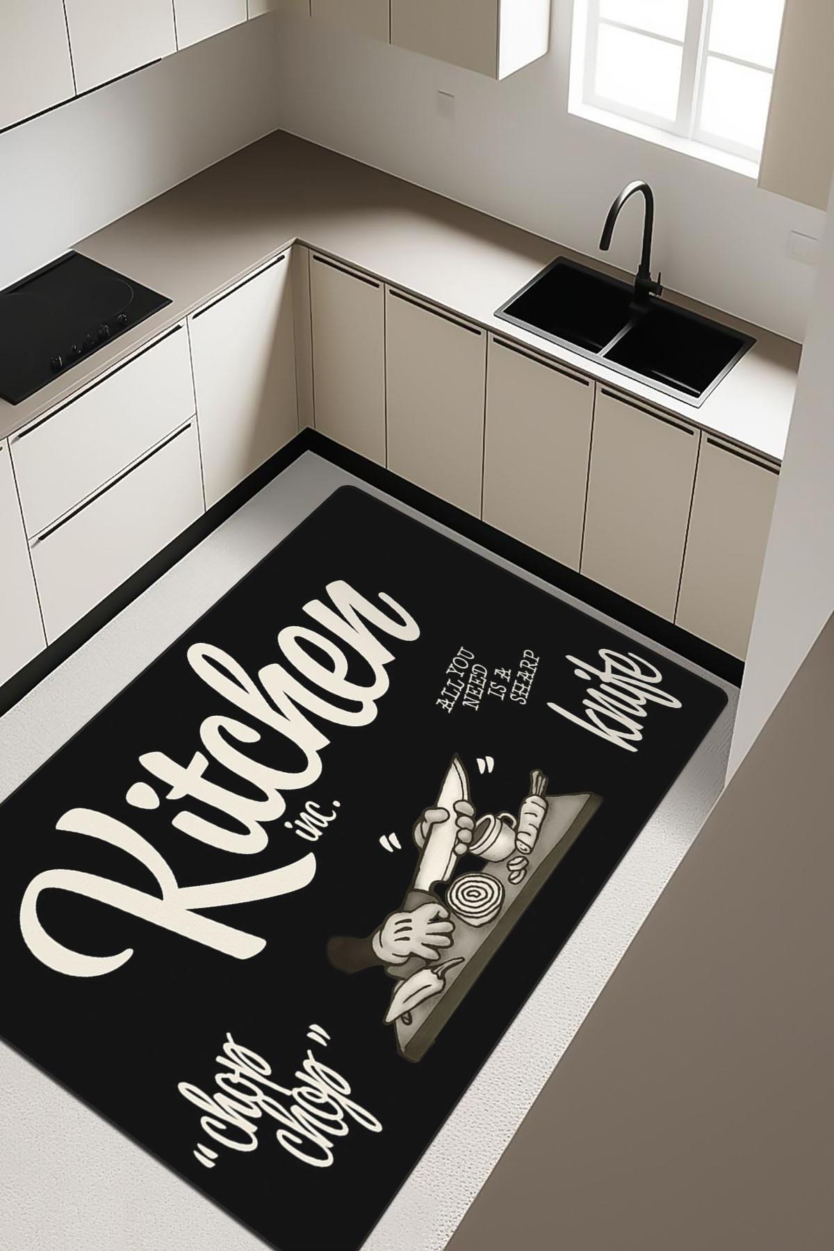 Kitchen Desenli Dijital Baskı Kaymaz Taban Mutfak Halısı H0033