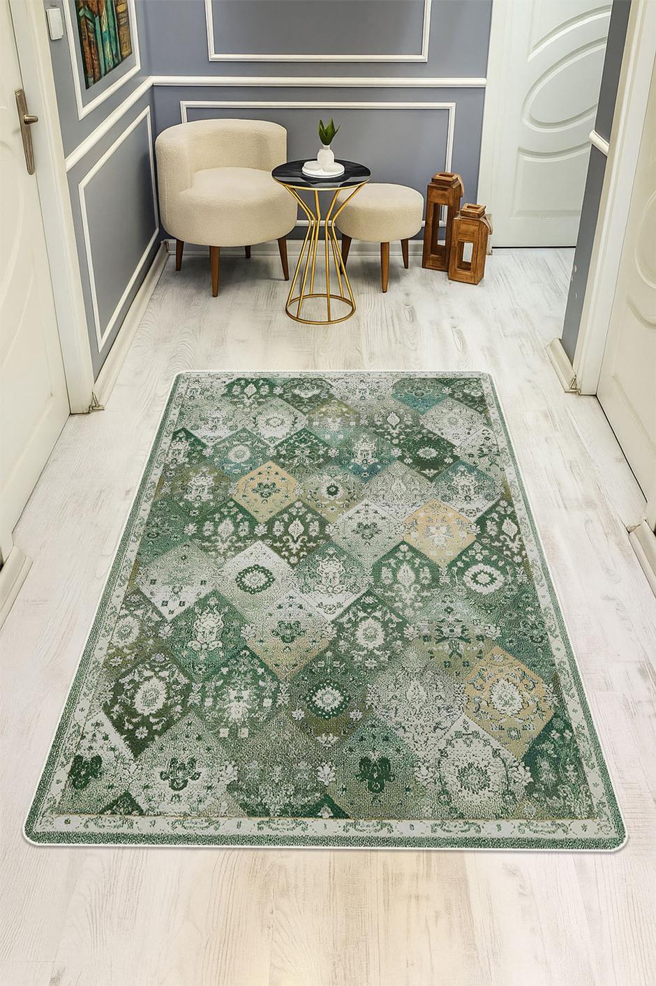 Parlak Kadife Kumaş VINTAGE Dijital Baskı Dot Kaymaz Tabanlı Halı H1062
