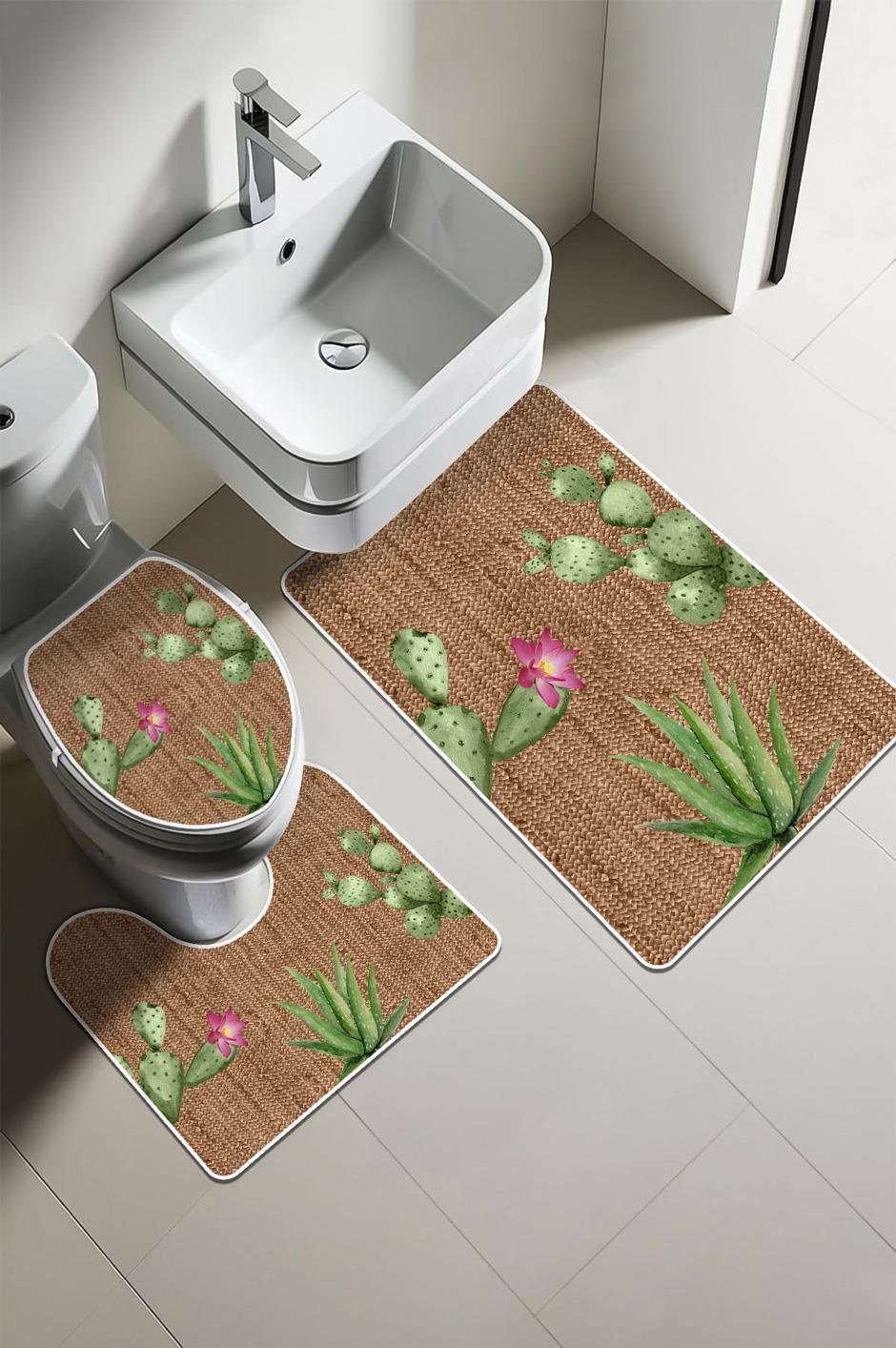 Modern Desenli Dijital Baskı 3’lü Banyo Paspas Takımı Yıkanabilir Kaymaz Tabanlı Klozet Takımı KLZ0020